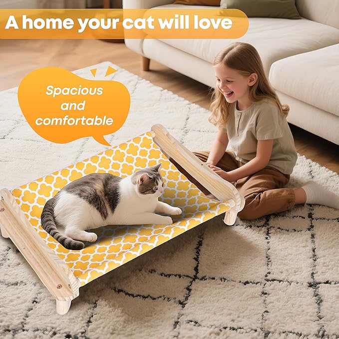 Elevated Wooden Cat Bed – 24"x15.7"x5.9" Breathable Hammock Pet Bed - Image 5