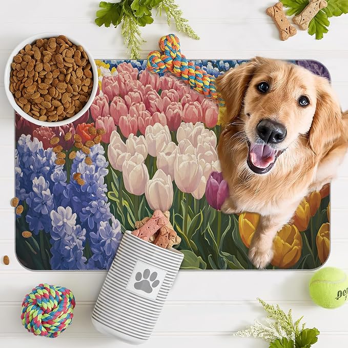 Tulip Lavender Pet Feeding Mat, Vintage Flower Fields Absorbent Quick-Dry Cat - Image 7