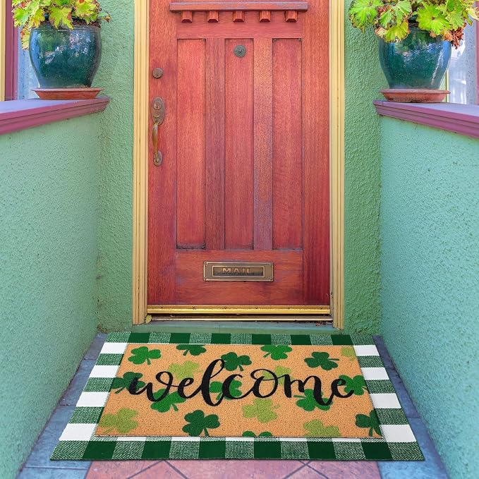 Tinideya 2 Pcs St. Patrick Day Door Mat Welcome Non Slip Coir Mats Clover - Image 2