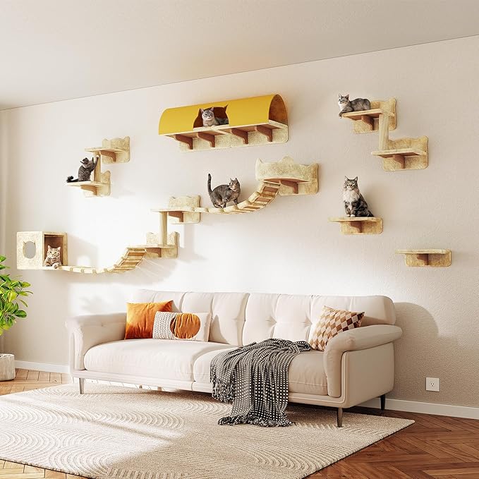 16-in-1 Cat Wall Shelves, Wall Mounted Cats Furniture Set w/Plush Fabric - Image 7