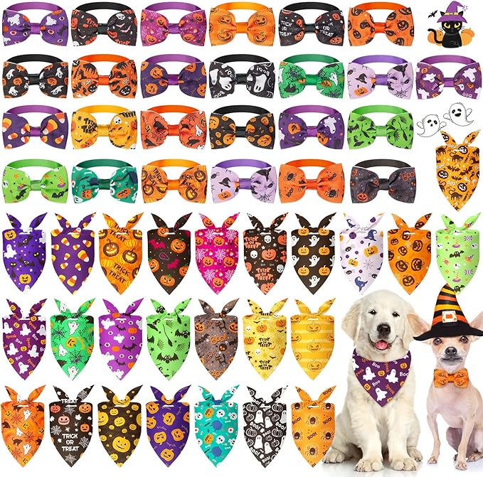 Sanwuta 50 Pcs Halloween Dog Bandanas and Collar Bow Ties Set 25 Bandanas Bulk by Sanwuta