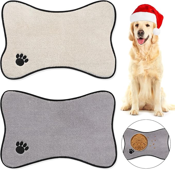 Breling Dog Mat for Food and Water 2 Pieces Bone Shape Non-Slip Pet Feeding Mat by Breling