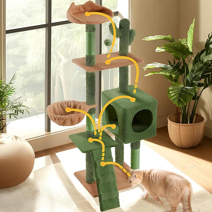 Yaheetech | Cactus Cat Tree | 59.5in Cat Tower w/Cute Perch, Cozy Condo - Image 3