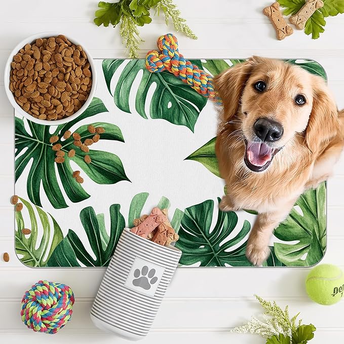 Palm Leaf Pet Feeding Mat, Boho Absorbent Quick-Dry Cat Dog Food and Water Bowl - Image 7