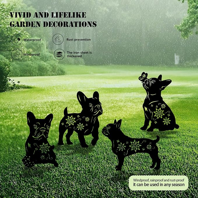 4 Pack Bulldog Metal Garden Decorative Stakes, Weather Proof Puppy Silhouette - Image 3