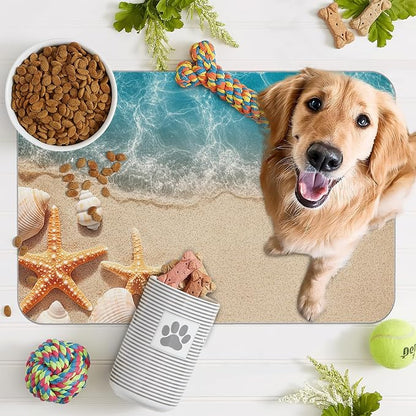 Beach Starfish Dog Food Mat for Floors, Cute Seashell Absorbent Pet Food and - Image 7