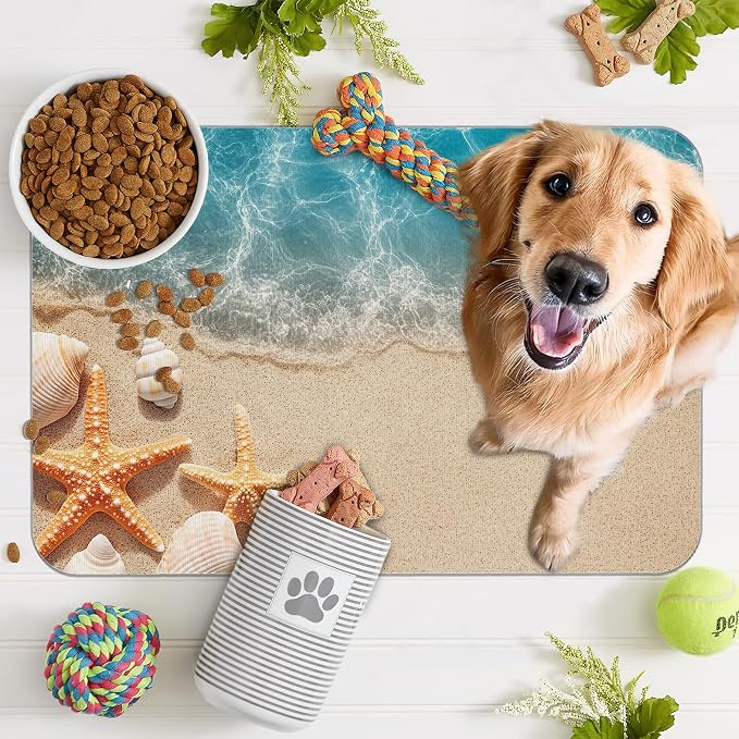 Beach Starfish Dog Food Mat for Floors, Cute Seashell Absorbent Pet Food and - Image 7