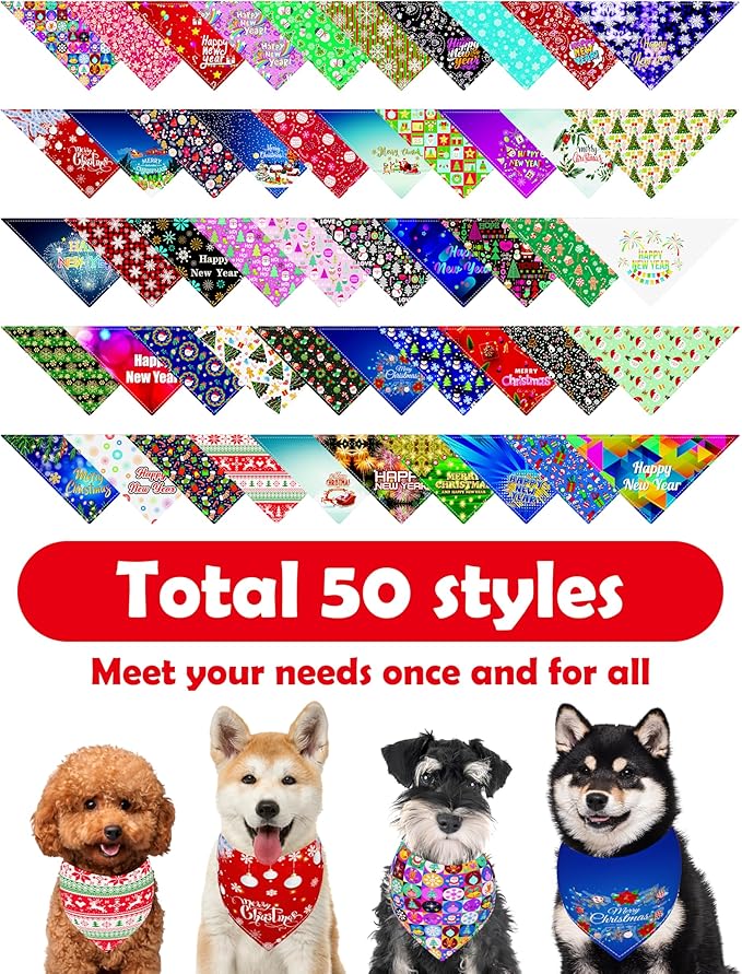 PET SHOW 50 Pack Christmas Big Dog Bandanas Bulk XL Washable Happy New Year - Image 5