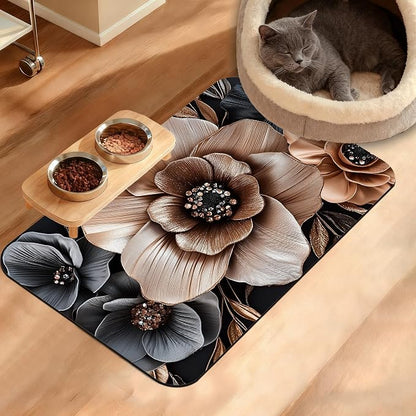Black Brown Flower Feeding Mat, Artistic Absorbent Quick-Dry Cat Dog Food and by Unknown
