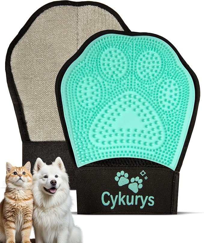 Pet Hair Removal Glove for Dogs & Cats, 2-in-1 Double-Sided Pet Grooming Tool by Cykurys