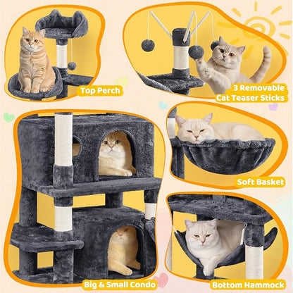 Yaheetech Cat Tree, 67in Large Tower w/ 3 Removable Teaser Sticks, 2 Kitten-Ear - Image 3