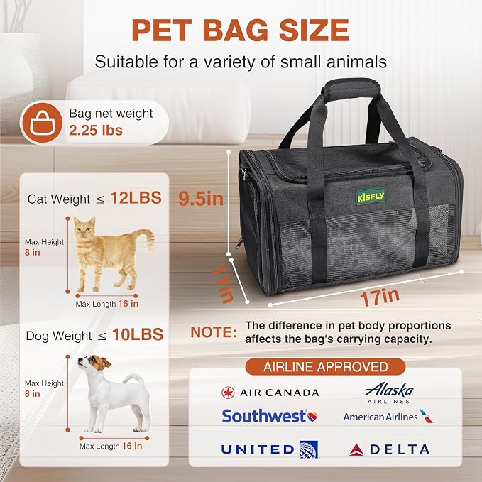 Airline Approved Cat and Small Dog Carrier 17"x11"x9.5"– Soft-Sided, Foldable - Image 5