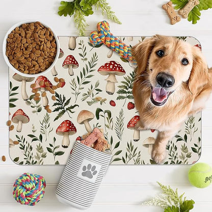 Red Mushroom Pet Feeding Mat, Fern Herb Berries Absorbent Quick-Dry Cat Dog - Image 7