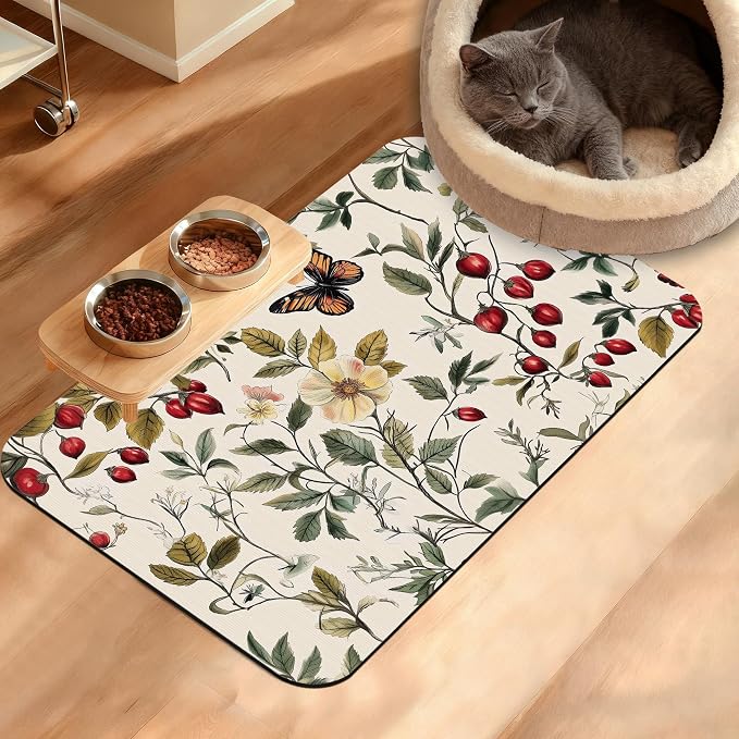 Butterfly Flower Dog Food Mat, Vintage Berry Absorbent Pet Feeding Mat by Unknown