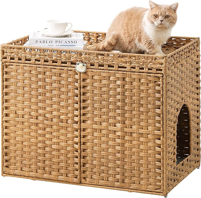 Cat Litter Box Enclosure Furniture, Handwoven Rattan Hidden Litter Box by SETVSON