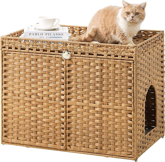 Cat Litter Box Enclosure Furniture, Handwoven Rattan Hidden Litter Box by SETVSON