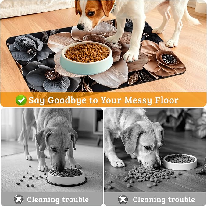 Black Brown Flower Feeding Mat, Artistic Absorbent Quick-Dry Cat Dog Food and - Image 4