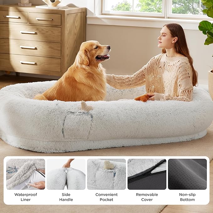 Bedsure Calming Human Dog Bed, Fluffy Faux Fur Orthopedic Pet Bean Bed - Image 6