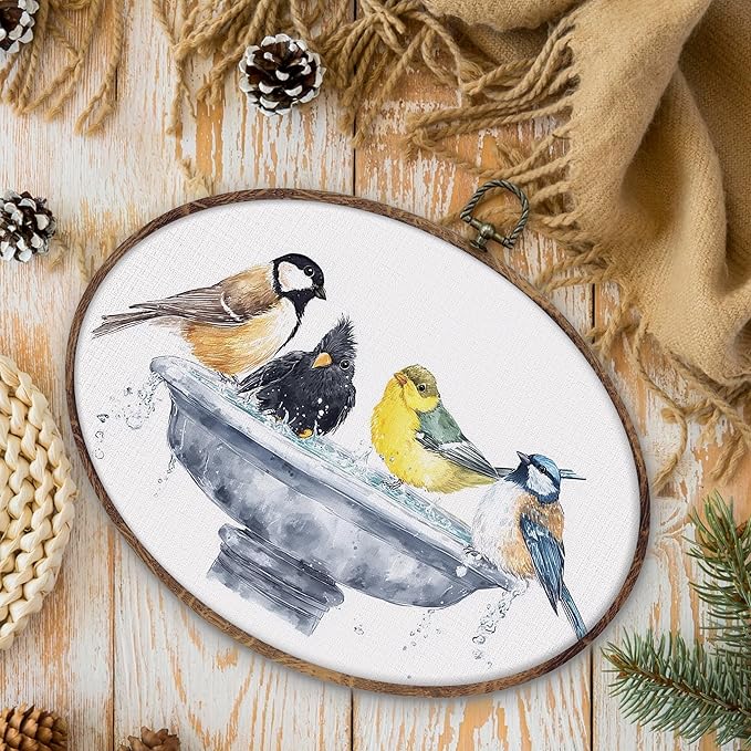 DILSJ Bird Oval Wall Art Decor, Country Bird Bath Canvas Wall Art Framed - Image 6