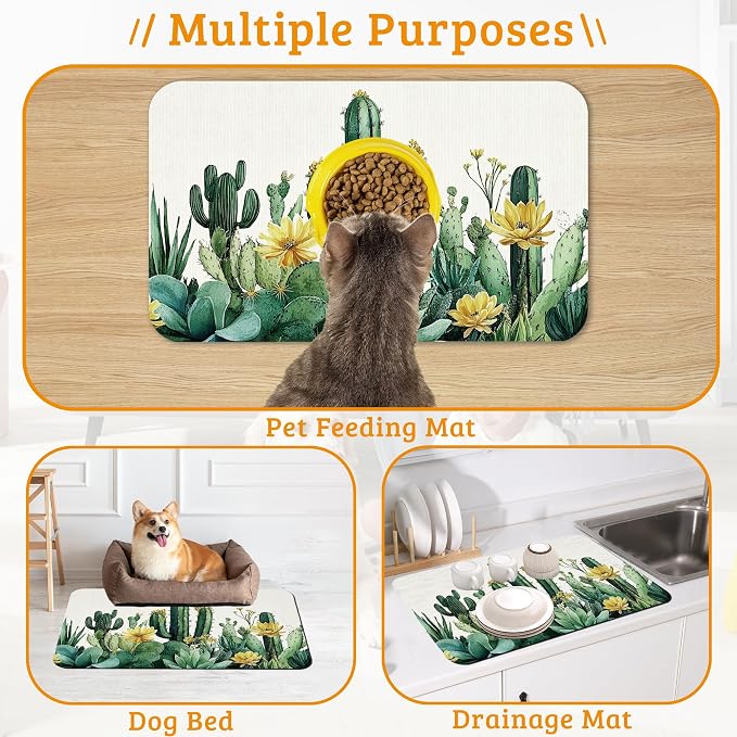Tropical Cactuses Feeding Mat, Blooming Succulents Absorbent Quick-Dry Cat Dog - Image 7