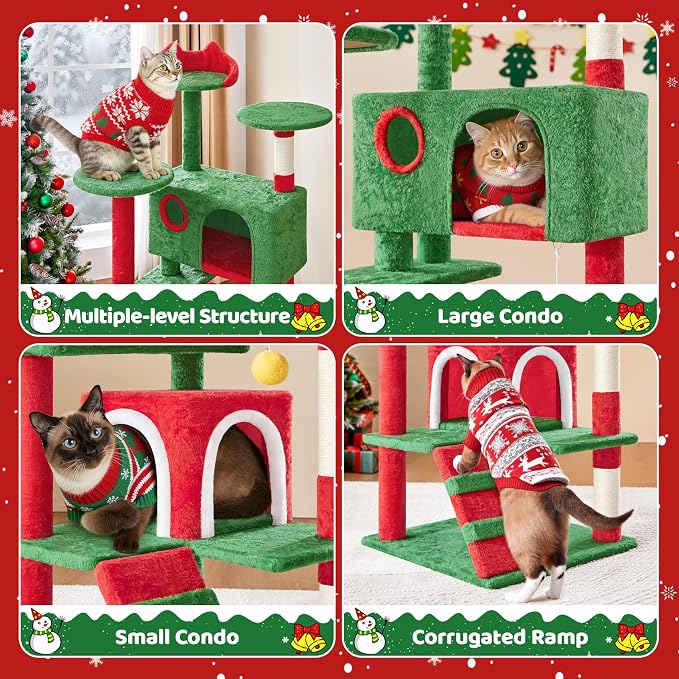 Yaheetech 54in Christmas Cat Tree, 2 Cozy Caves, Scratching Posts, Climbing - Image 4