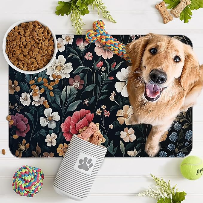 Floral Boho Dog Cat Food Mat, Non-Slip Water Bowl Placemat, Indoor Pet - Image 7