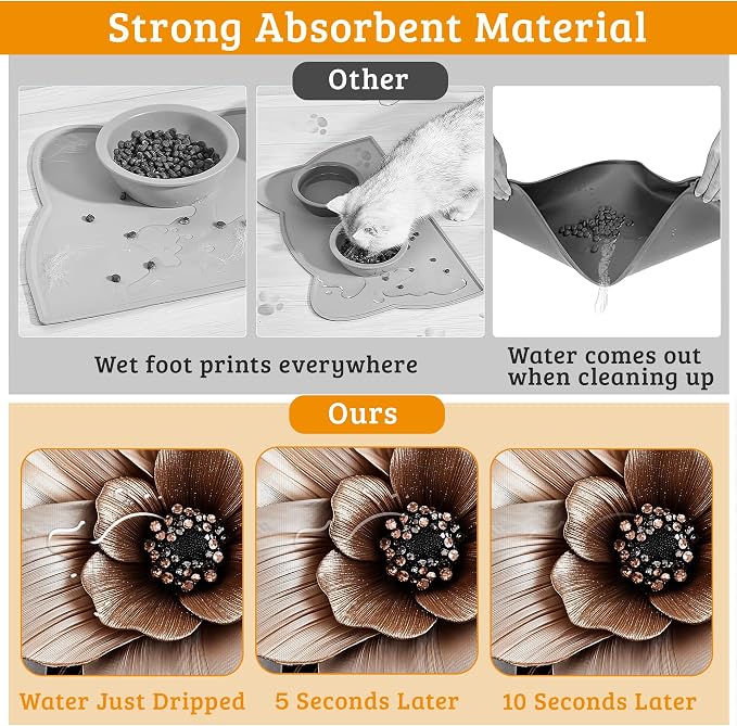 Black Brown Flower Feeding Mat, Artistic Absorbent Quick-Dry Cat Dog Food and - Image 3