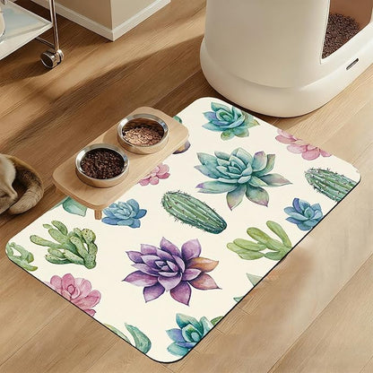 Cactus Flower Pet Feeding Mat for Floors–Christmas Stocking Absorbent Quick Dry by LUTASER