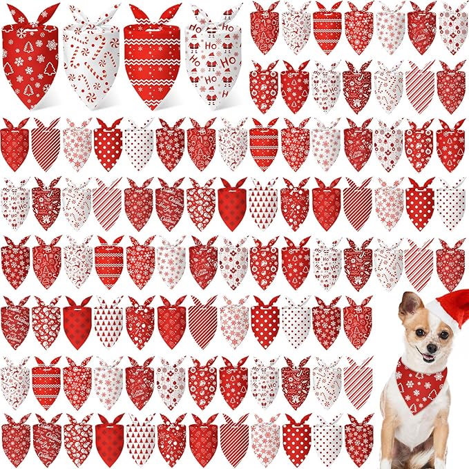 Chunful 100 Pieces Christmas Dog Bandanas Bulk Red and White Xmas Bandanas by Chunful