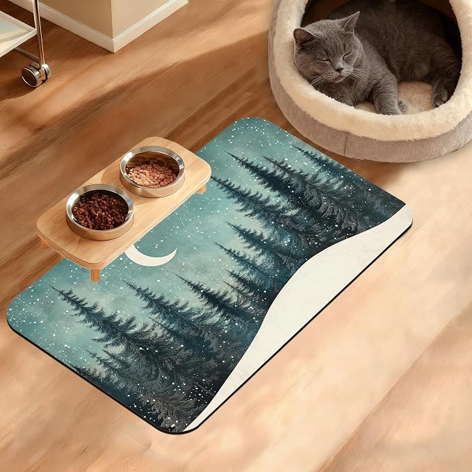 Pet Feeding Mat, Abstract Forest Absorbent Dog Cat Food Mat Moon Dog Mat by Unknown