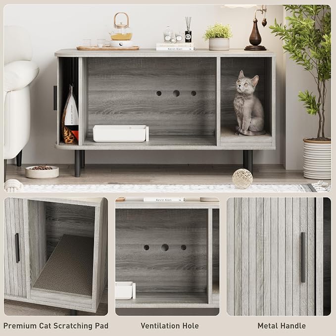 Cat Litter Box Enclosure with Cat Scratch Pad, Sliding Door, 37.4" Litter Box - Image 4