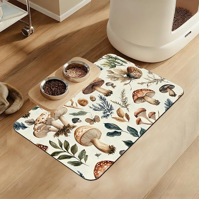 Vintage Mushroom Floral Dog Cat Food Mat–Christmas Stocking Absorbent by LUTASER