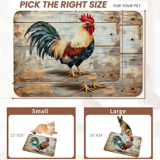 Rooster Dog Food Mat for Floors, Vintage Wood Panel Absorbent Quick-Dry Pet - Image 2