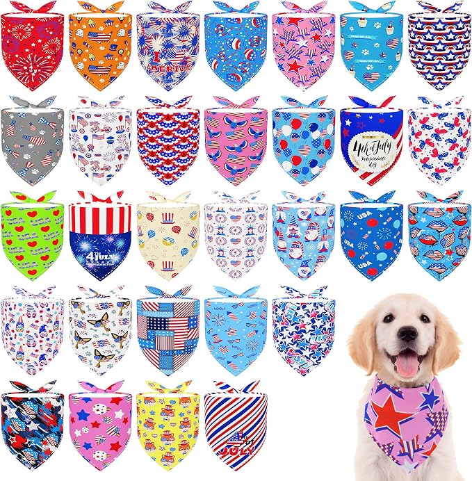 30 Pcs Patriotic Small Dog Bandanas Bulk 25 Inch Independence Day Dogs Bandana by Bestwishforyou