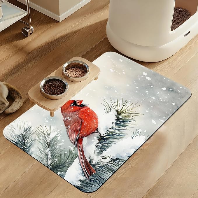 Cardinal Bird Dog Food Mat–Chirstmas Snow Absorbent Quick Dry Feeding Placemat by LUTASER