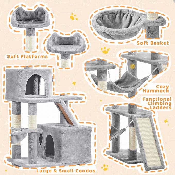 Yaheetech Cat Tree, 82.5in Large Tower w/Hammock, 2 Kitty-Ear Perches, 2 Cozy - Image 4