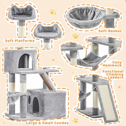 Yaheetech Cat Tree, 82.5in Large Tower w/Hammock, 2 Kitty-Ear Perches, 2 Cozy - Image 4