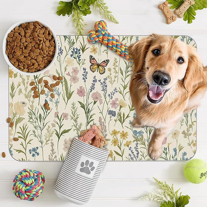 Wildflowers Dog Cat Food Mat, Vintage Botanical Garden Plants Herb Butterfly - Image 7