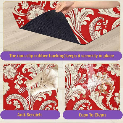 Red White Paisley Pet Food Mat, Absorbent Feeding Pad - Image 6