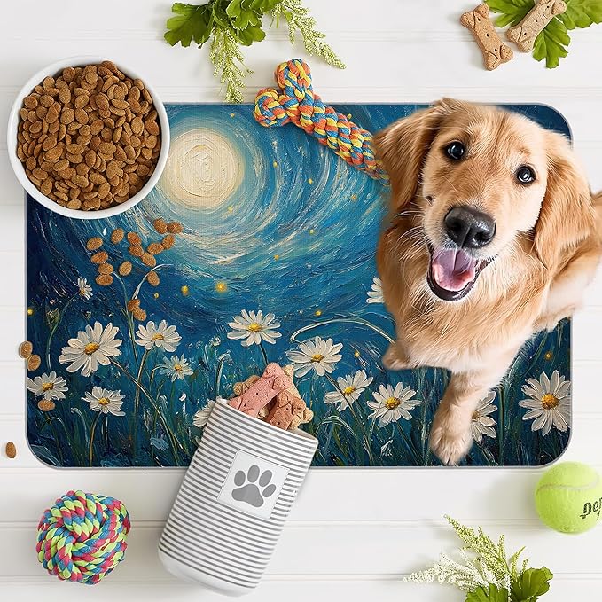 Starry Night Pet Feeding Mat, Moon Daisy Flower Absorbent Quick-Dry Cat Dog - Image 7