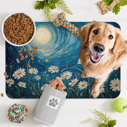 Starry Night Pet Feeding Mat, Moon Daisy Flower Absorbent Quick-Dry Cat Dog - Image 7