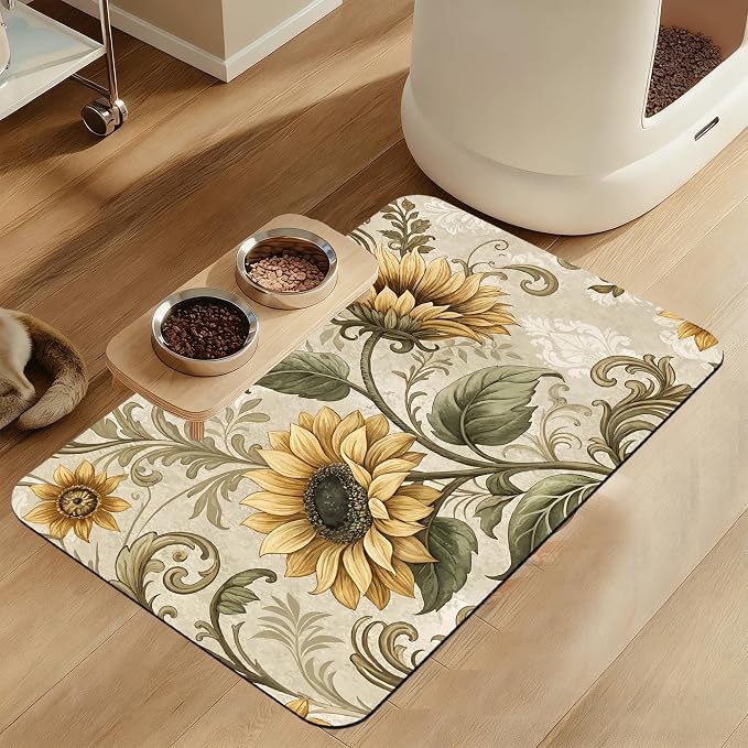 Vintage Sunflower Pet Feeding Mat by LUTASER