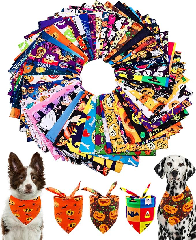 PET SHOW 50 Pack Halloween Big Dog Bandanas Bulk XL Washable Triangle Bibs by PETSHOW