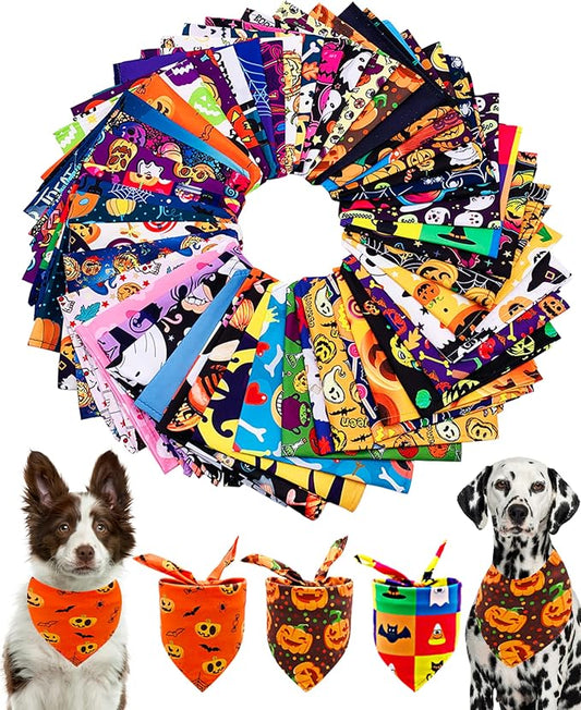 PET SHOW 50 Pack Halloween Big Dog Bandanas Bulk XL Washable Triangle Bibs by PETSHOW