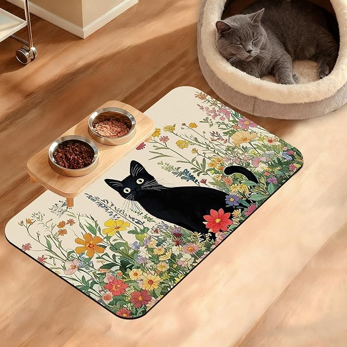 Dog Bowl Mat, Cat Black Pet Feeding Mat by Unknown