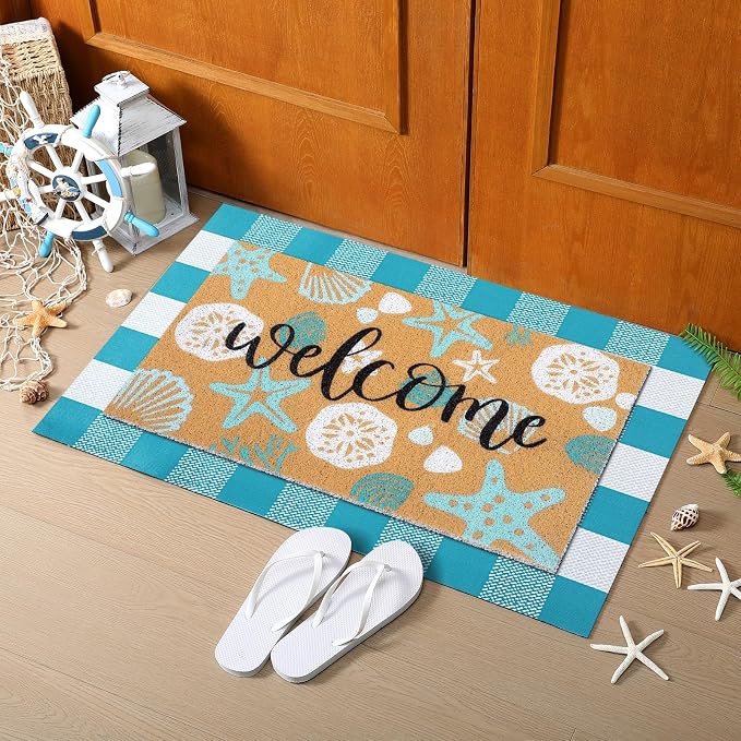 Tinideya 2 Pcs Summer Door Mat Coastal Beach Welcome Non Slip Coir Mats Sea - Image 6