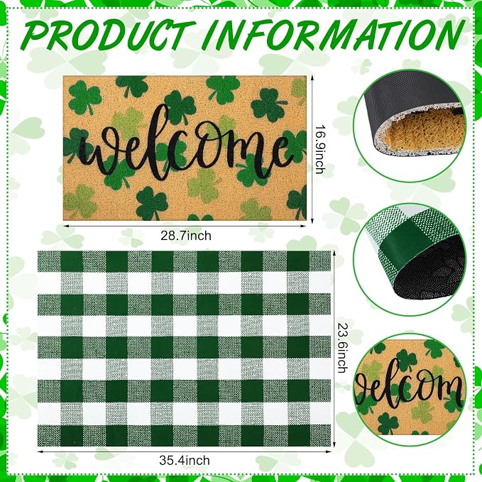 Tinideya 2 Pcs St. Patrick Day Door Mat Welcome Non Slip Coir Mats Clover - Image 3