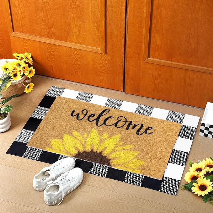 Tinideya 2 Pcs Summer Door Mat Sunflower Welcome Non Slip Coir Mats Floral - Image 3