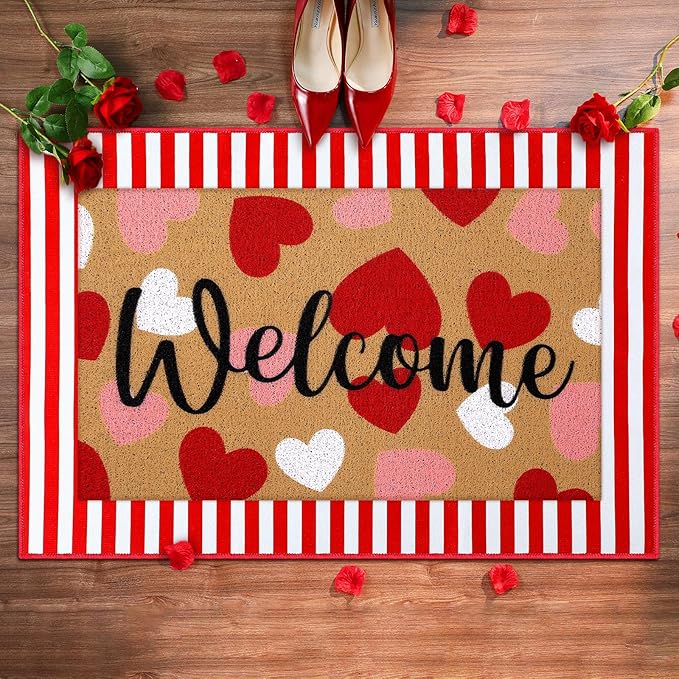 Tinideya 2 Pcs Valentine Door Mat Heart Welcome Outdoor Non Slip Coir Mats Red by Tinideya