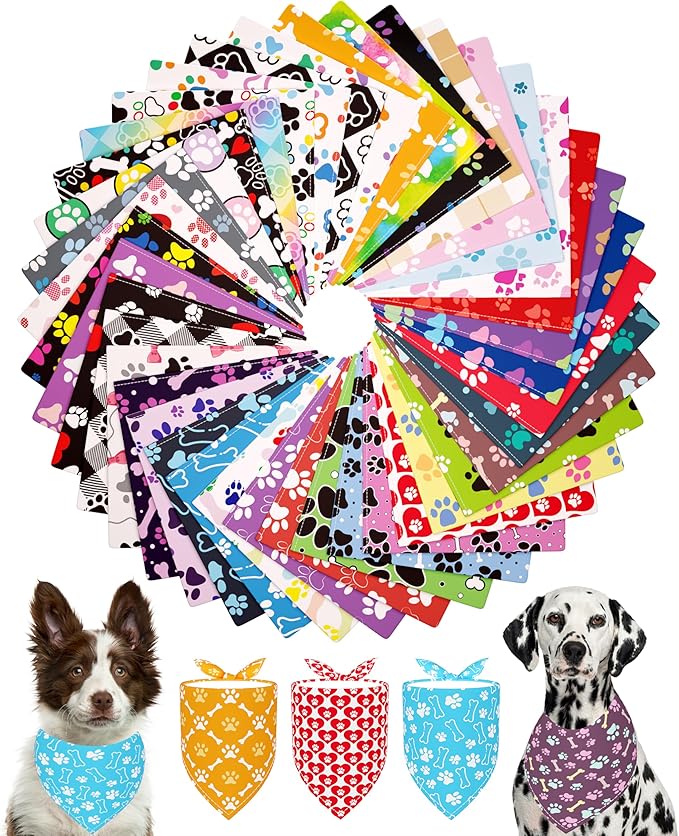 PET SHOW 50 Pack Paw Pattern Big Dog Bandanas Bulk XL Washable Triangle Bibs by PETSHOW